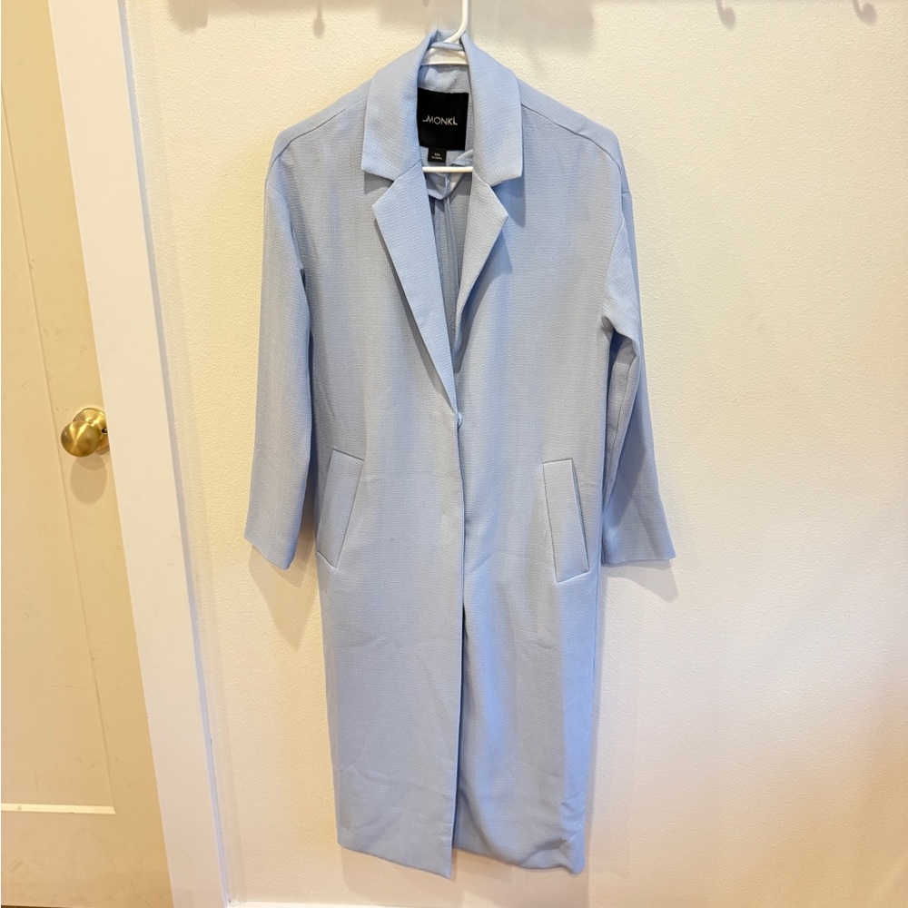 Monki Sky Blue Textured long Coat size XXS but fits bigger up to a s/m